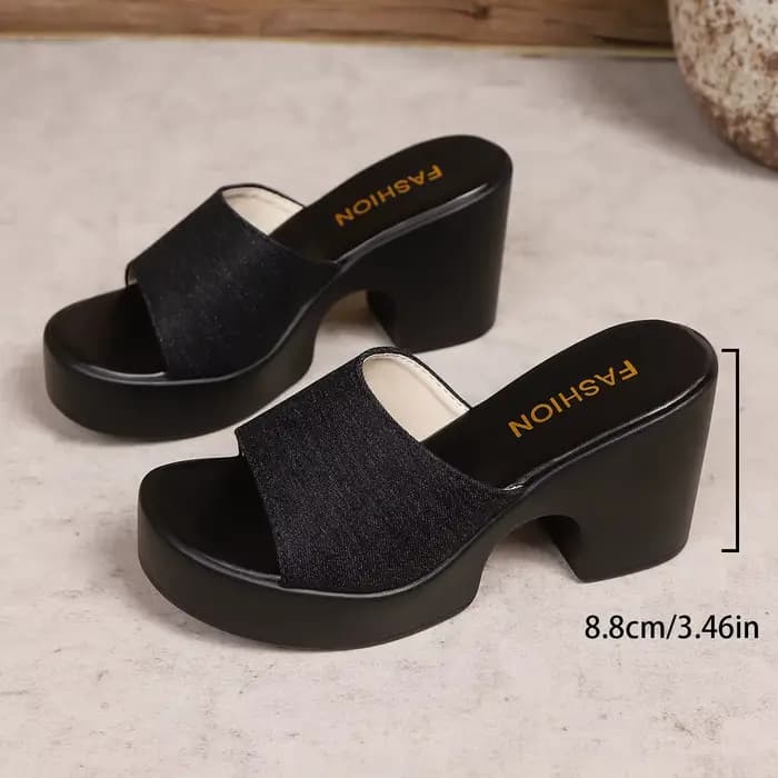 Mules en Denim à talons hauts pour femmes, pantoufles à talons épais, sandales coulissantes à bout o