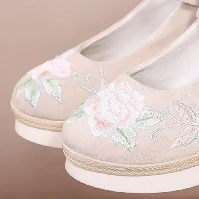Escarpins compensés vintage en coton brodé pour femme, plateformes Mary Jane à talons hauts, sandale