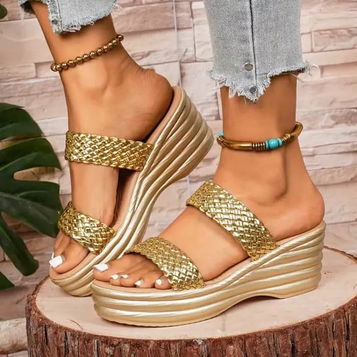 Sandales compensées pour femmes, à plateforme, à enfiler, à bout ouvert, avec lanières tressées, cha
