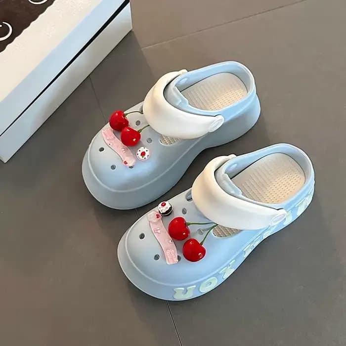 Mules pour femmes à décor cerise, design de niche tendance, semelle épaisse antidérapante, bout ferm