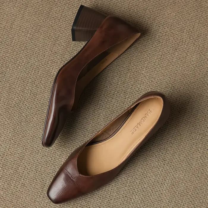 Danxuefei escarpins à enfiler en cuir de vache pour femmes, bout carré, talon moyen de 5cm d'épaisse