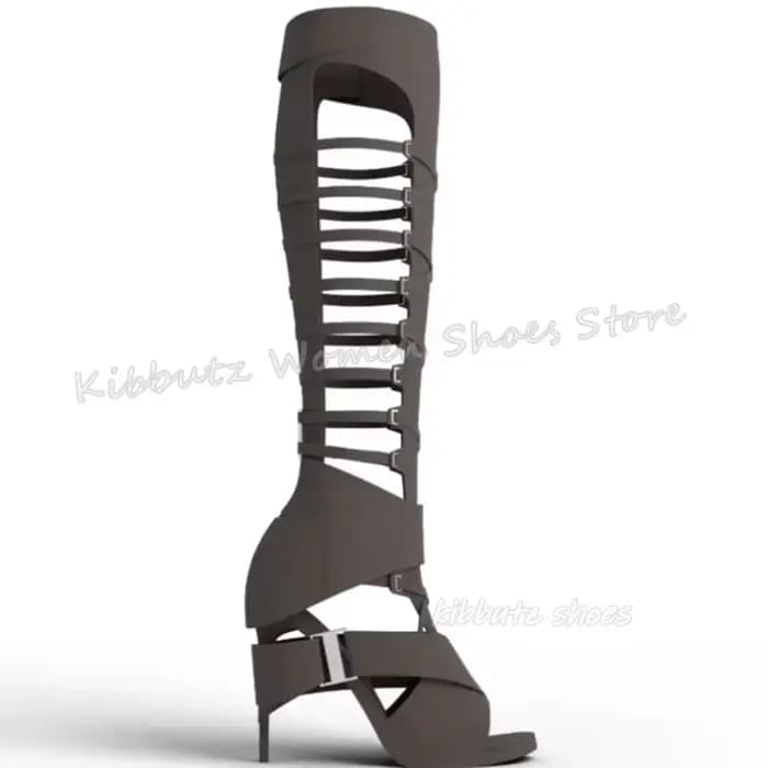 Bottes hautes en daim avec sangle croisée pour femmes, sandales, document solide, creux, mode, éléga