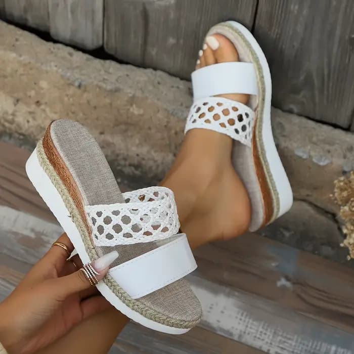 Nouvelles sandales d'été pour femmes, espadrilles en crochet à talon compensé moyen, mules ouvertes 