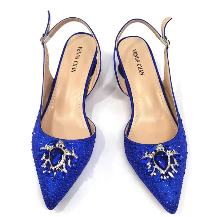 Venus Chan-Sandales Bleu Royal pour Femme, Escarpins de Luxe, Talons Temporels, Design Strass, Ensem