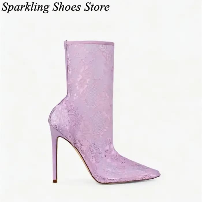 Bottes d'été sexy roses en dentelle et résille, à bout pointu, mi-mollet, talons hauts, décor floral