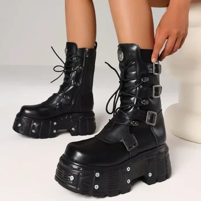 Cool mode femmes bottes de Combat talons épais fond épais goujons fermeture éclair boucle plate-form