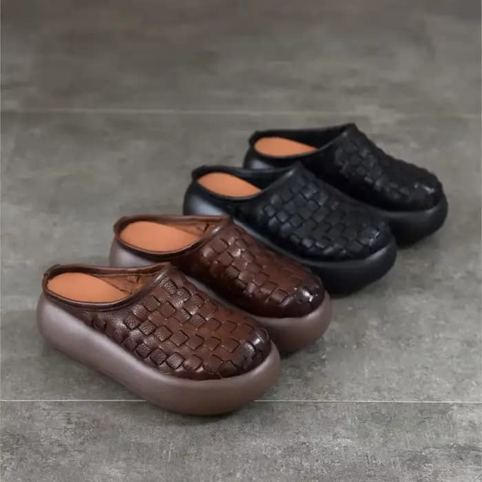 Careaymade – pantoufles à plateforme en cuir véritable rétro tissé à bout rond pour femmes, chaussur