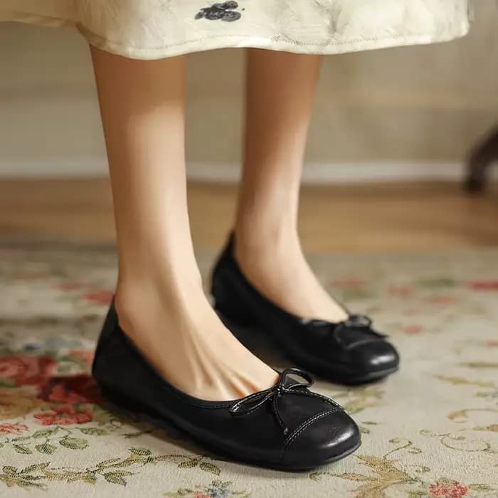 Ballerines en cuir de mouton véritable pour femmes, noir, abricot, marron, nœud papillon, Parker ron