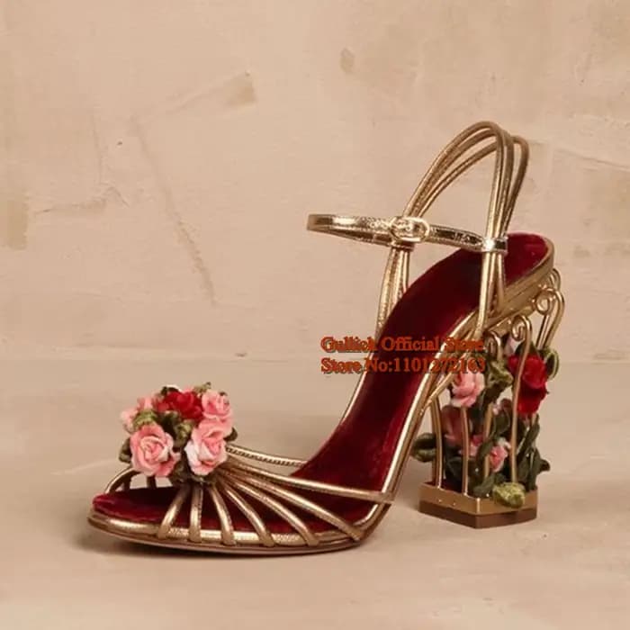 Cage à oiseaux de luxe femmes sandales or métallique cuir sandales à lanières fleur florale bride à 