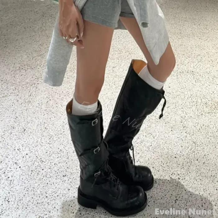 Bottes hautes en cuir conviviale ré pour femmes, bottes de chevalier, plate-forme ronde, sangle croi