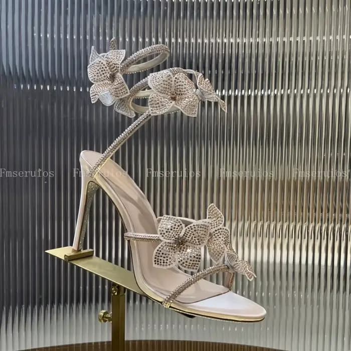 Sandales à talons hauts pour femmes, Sexy, strass en cristal, luxe, ficelle de serpent autour de la 