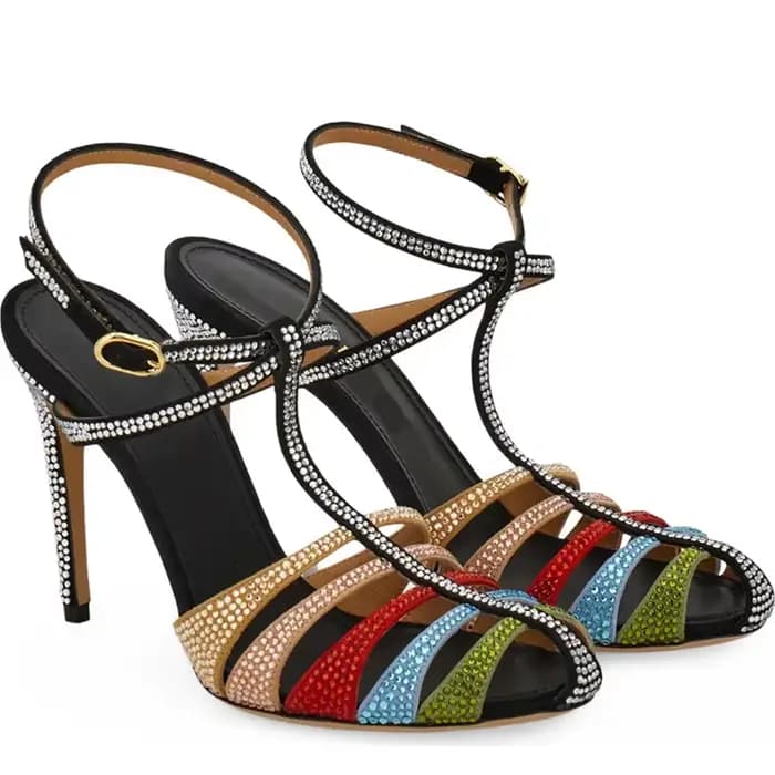 Sandales à bande étroite en cuir patchwork multicolores Ctrstal, bout rond sexy, talon fin, nouvelle