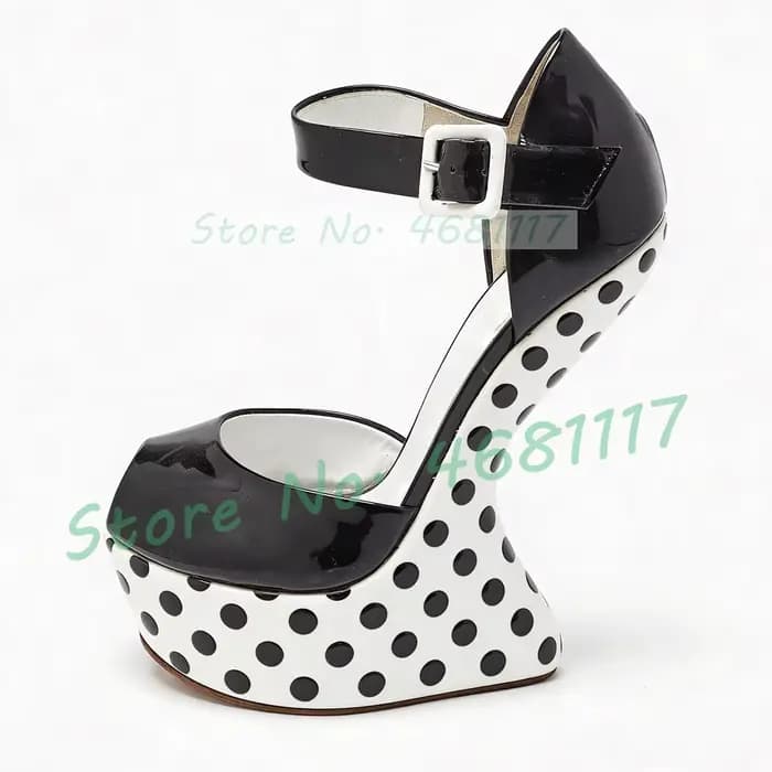 Sandales à plateforme noires à pois pour femme, sexy, à bout ouvert, en cuir verni, avec bride de ch
