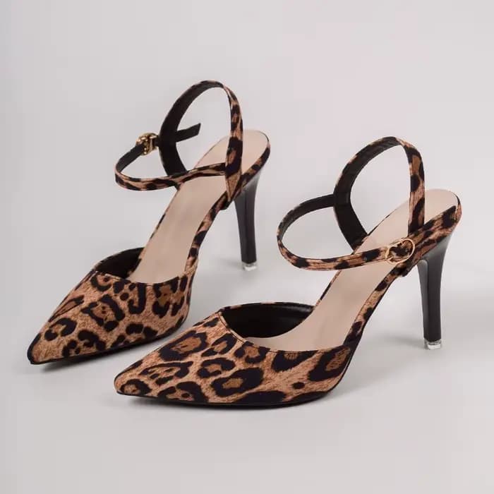 Sandales pour femmes à imprimé léopard, chaussures à bout pointu avec bride à la cheville, élégantes