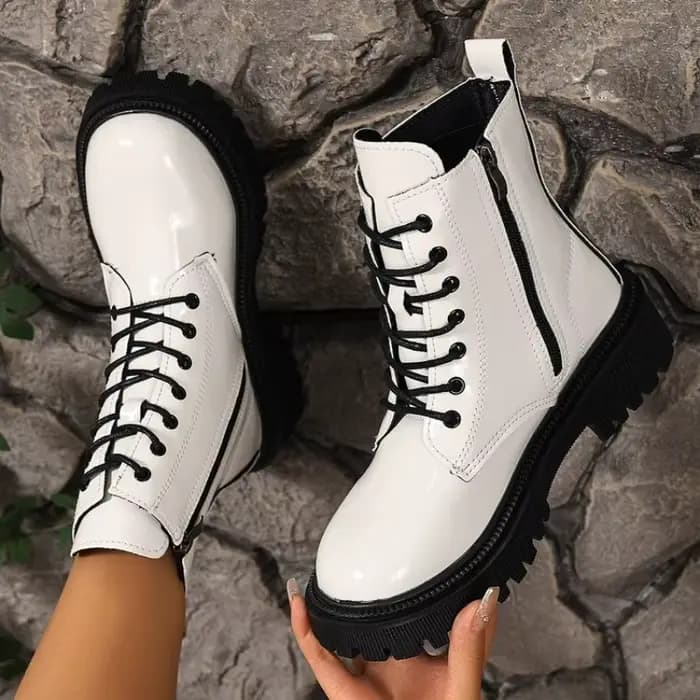 Bottines de moto à lacets en cuir verni pour femme, bottines courtes à talons épais avec fermeture é