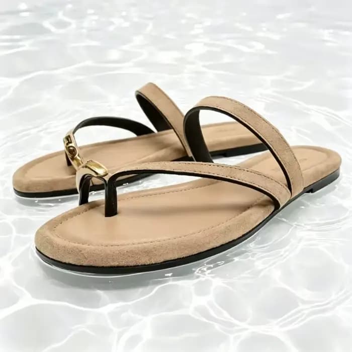 Sandales plates en faux daim kaki de haute qualité pour femmes, chaussures de créateur à appliques m