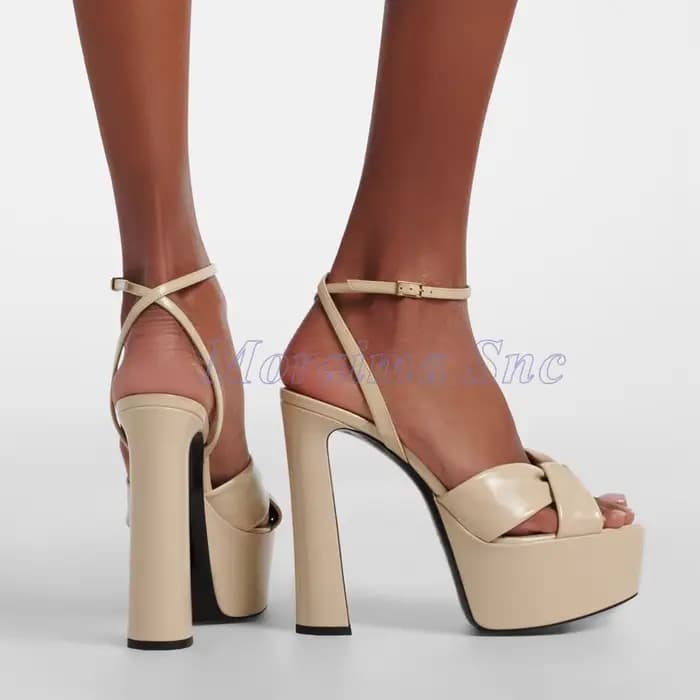 Sandales à plateforme à brides croisées, bout rond ouvert, talon carré haut, bride à boucle à la che