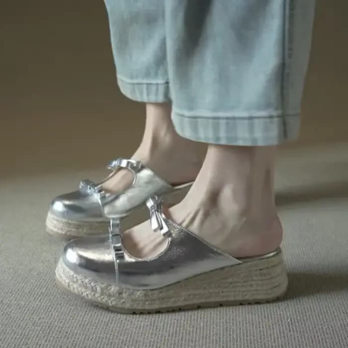 Mules Mary Jane Métalliques pour Femme – Sandales Plateformes Élégantes à Double Nœud, Espadrilles C