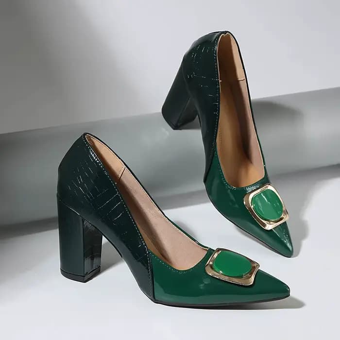 Escarpins à talon bloc français pour femme, à bout pointu, décolletés, avec boucle métallique