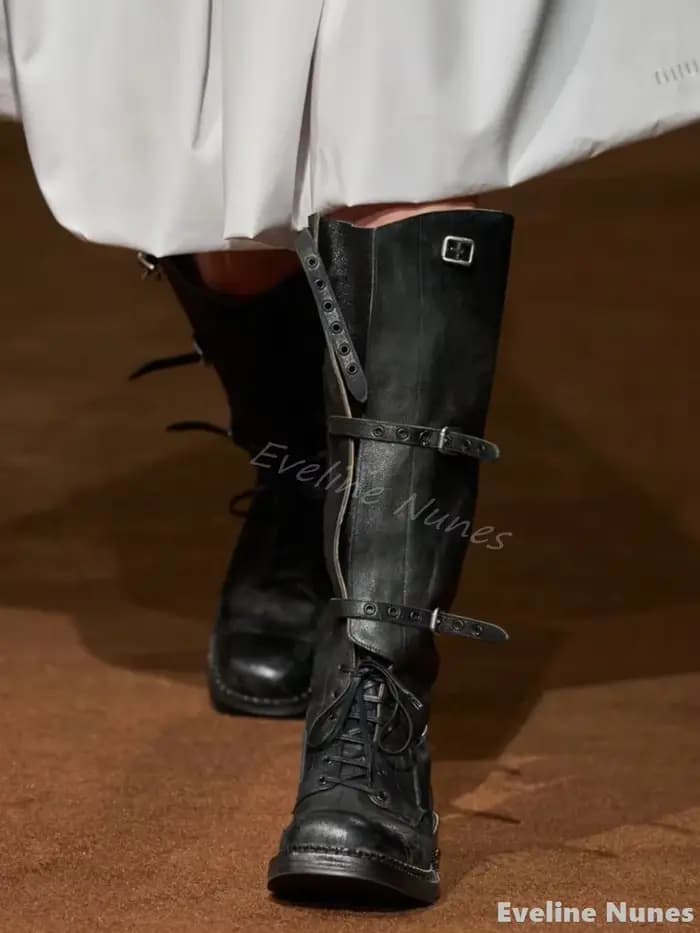 Bottes hautes en cuir conviviale ré pour femmes, bottes de chevalier, plate-forme ronde, sangle croi