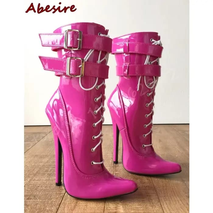 Bottines à talons Super hauts Rose rouge, bout rond, boucle de ceinture aiguille, bottes à la mode p