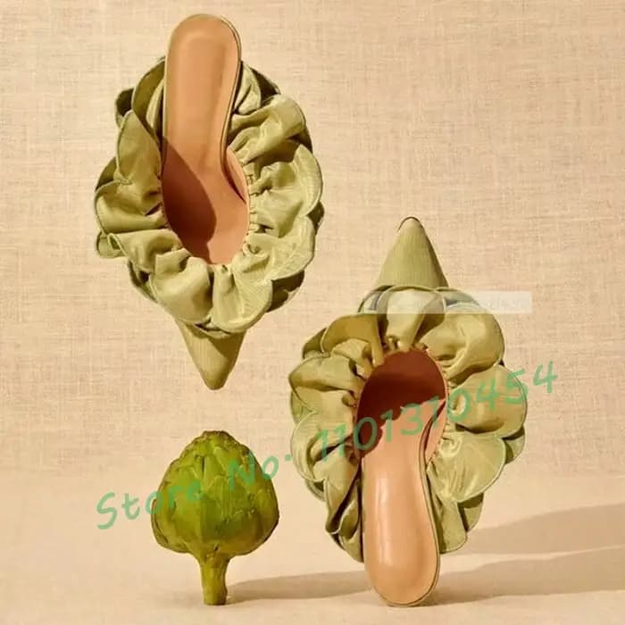 Mules à talons bas à volants verts pour femmes, fleur douce, design rond, chaussures pointues magnif