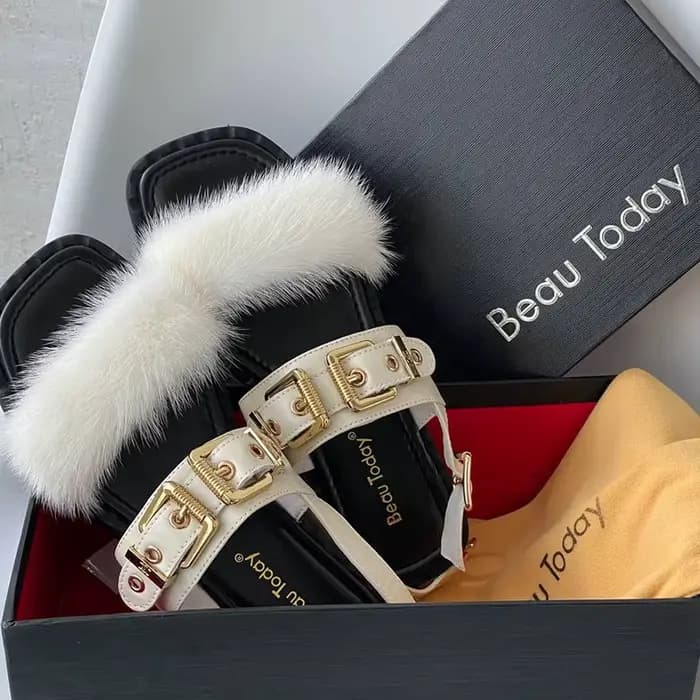 BeauToday-Sandales Plates en Cuir de Vache pour Femme, Chaussures à Fourrure Carrées, Design de Viso