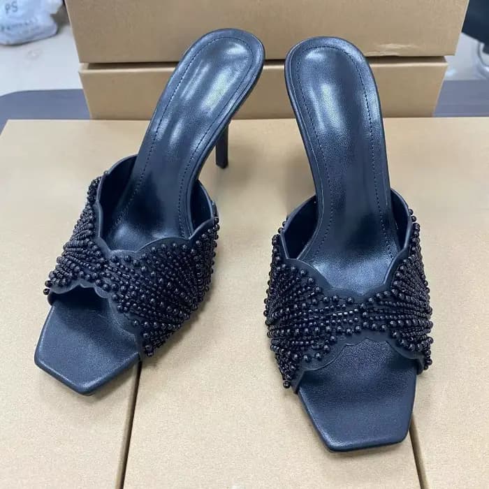 Élégantes sandales mules d'été à talons hauts pour femmes, à bout ouvert, ornées de perles, escarpin