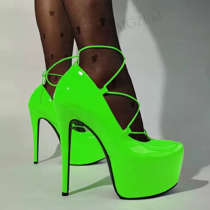 LAIGZEM – escarpins à bout rond pour femmes, sandales brillantes à talons hauts et fins, à lacets, c