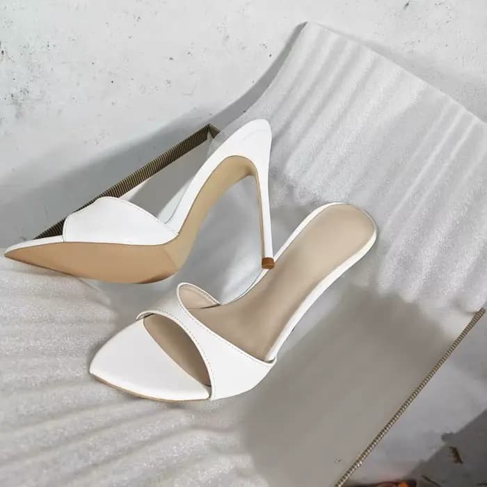Mules à talon aiguille en similicuir blanc pour femme - Sandales à talon haut à enfiler pour l'été, 