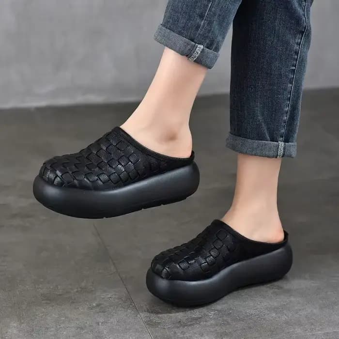 Careaymade – pantoufles à plateforme en cuir véritable rétro tissé à bout rond pour femmes, chaussur
