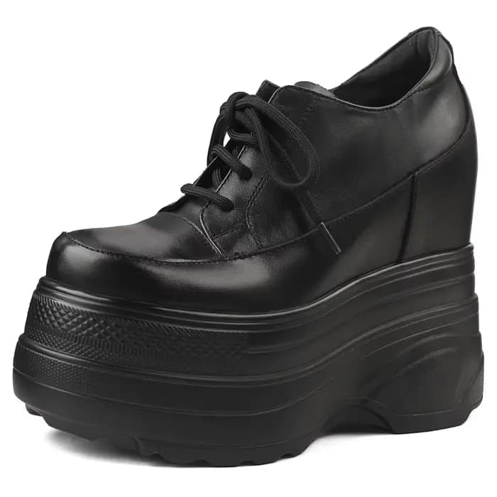 Escarpins à talons hauts compensés pour femmes, bottines noires et blanches en cuir véritable à bout rond, baskets épaisses augmentant la hauteur, chaussures décontractées