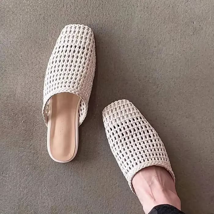 Femme chaussures femmes Mules bout carré évider deux couches peau de vache