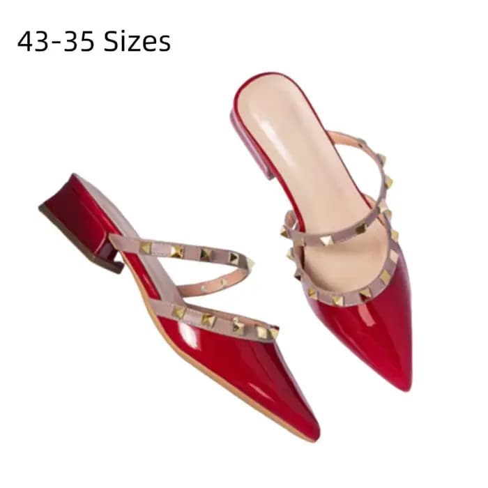 Femmes talons chaussures Promotion clouté concepteur de luxe en cuir verni pantoufles brillant couleurs mélangées sangle couture diapositives bleu rouge 43 42