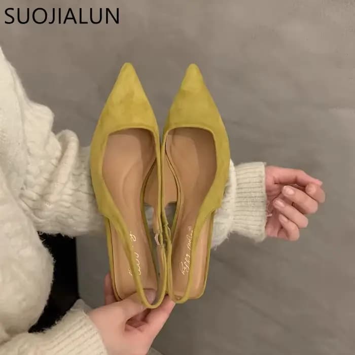 SUOJIALUN 2024 printemps nouvelles femmes sandale mode bout pointu peu profond sans lacet robe Mules chaussures mince