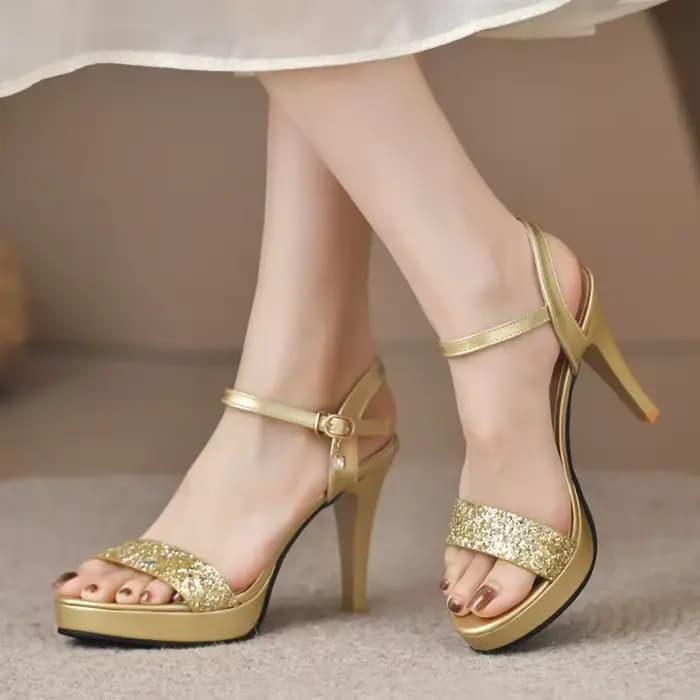 Sandales à Talons Hauts à Paillettes Dorées et Argentées pour Femme