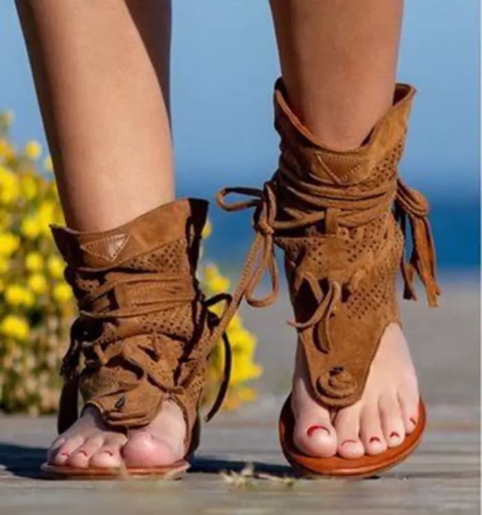 Rétro gland sandales pour femme été Boho chaussures plates dames à lacets