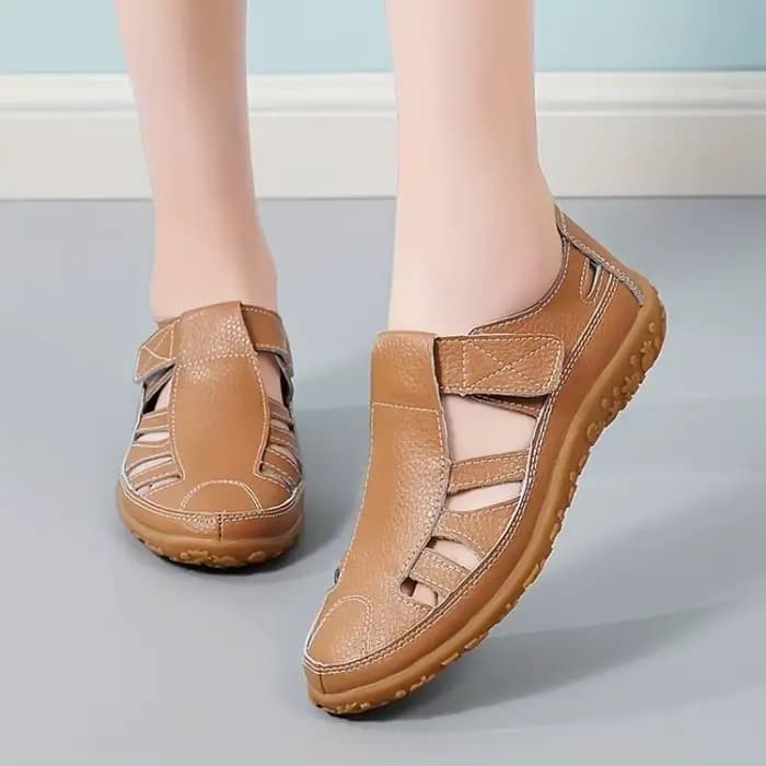 Sandales plates pour femmes, style pêcheur, bout rond, aspect cuir, avec fermeture auto-agrippante, découpes, décontractées, pour la marche quotidienne, l'été et les voyages
