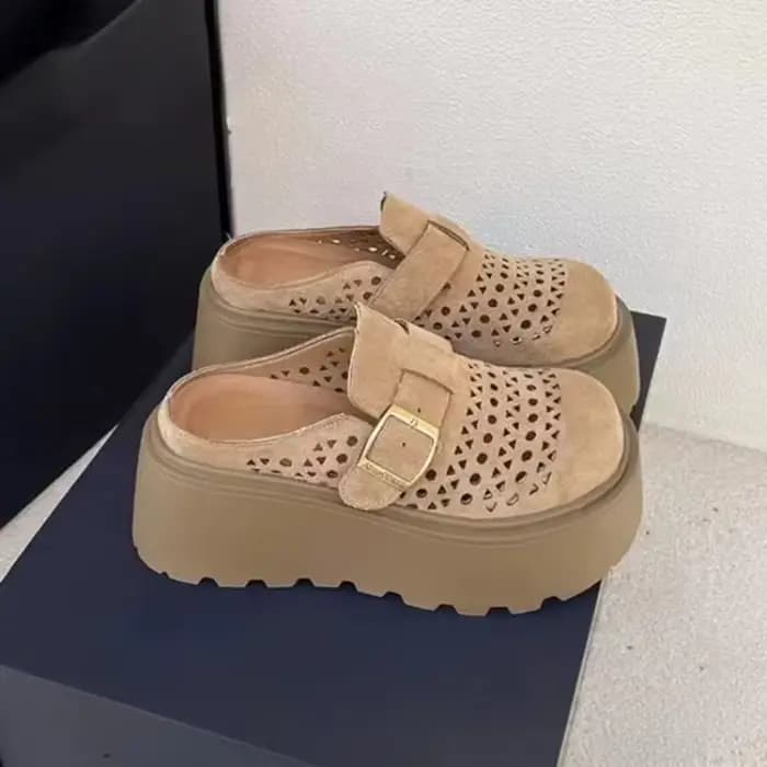 Mules perforées d'été pour femmes | Sandales rétro en daim à bout fermé avec boucle réglable