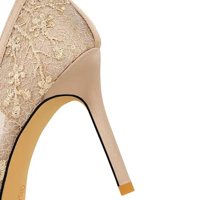 Nouvelles Escarpins Chic pour Femme en Dentelle Champagne à Talons Hauts de 9