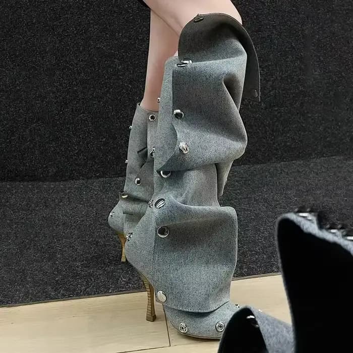 Bottes en denim amovibles avec poignées en métal, chaussures à talons hauts de 10cm, 35-45, modèle Internet rouge, bottes de cuisse pour tapis rouge, mode de marche, 2024