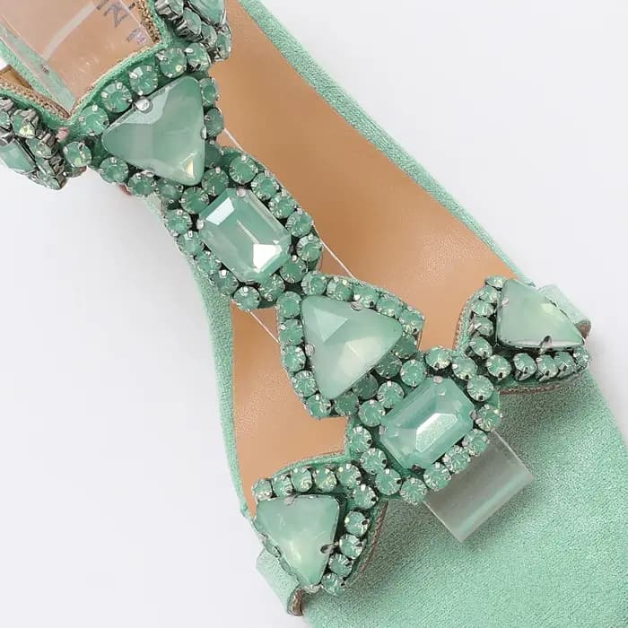 Glamour rose/vert pierres précieuses sandales à talons hauts femmes élégantes strass bride à la cheville chaussures de fête de mariage