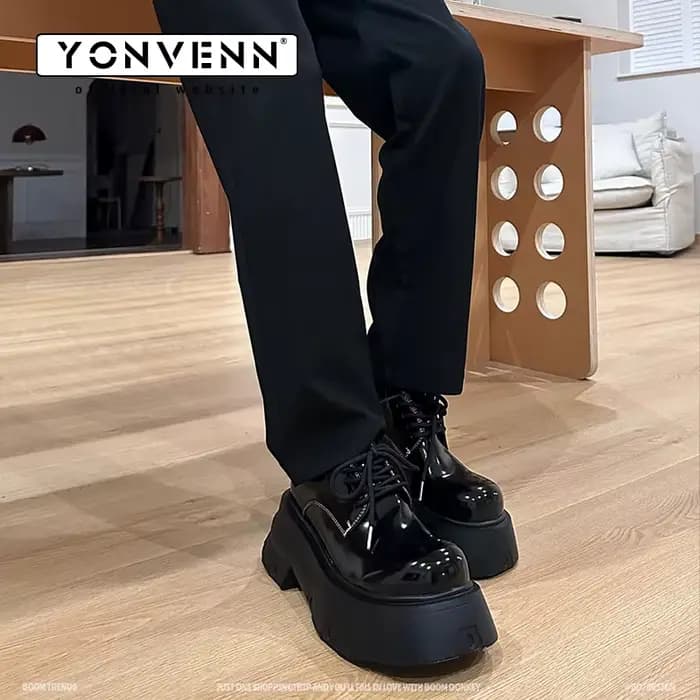 YONWENN original semelle épaisse hauteur 7CM gros orteil chaussures en cuir pour hommes brillant