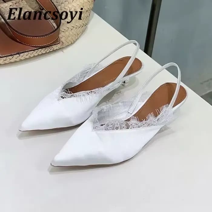 Mode Satin dentelle chaton talons bout pointu sandales femmes pompes talons bas sangle arrière Sandalias été élégant Banquet chaussures