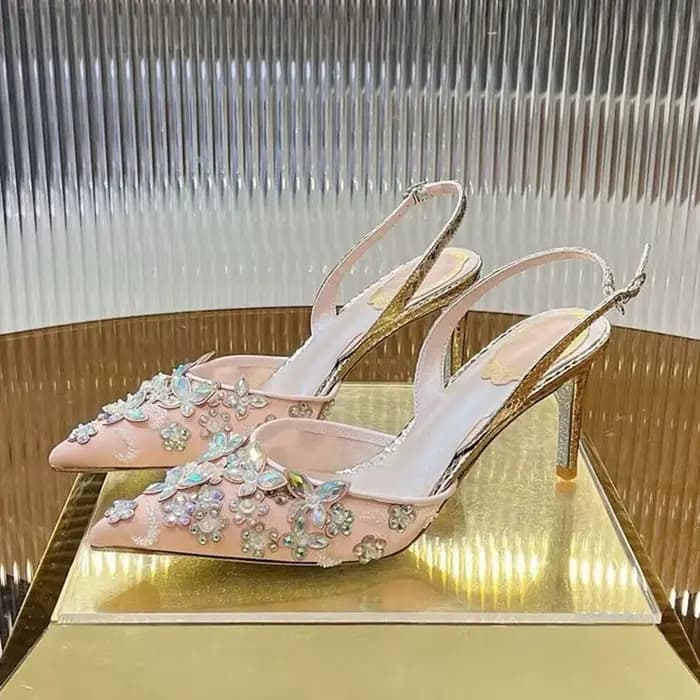 Bout pointu talons fins sandales femmes maille cristal papillon fleur sangle arrière Sandalias été mode fête Banquet