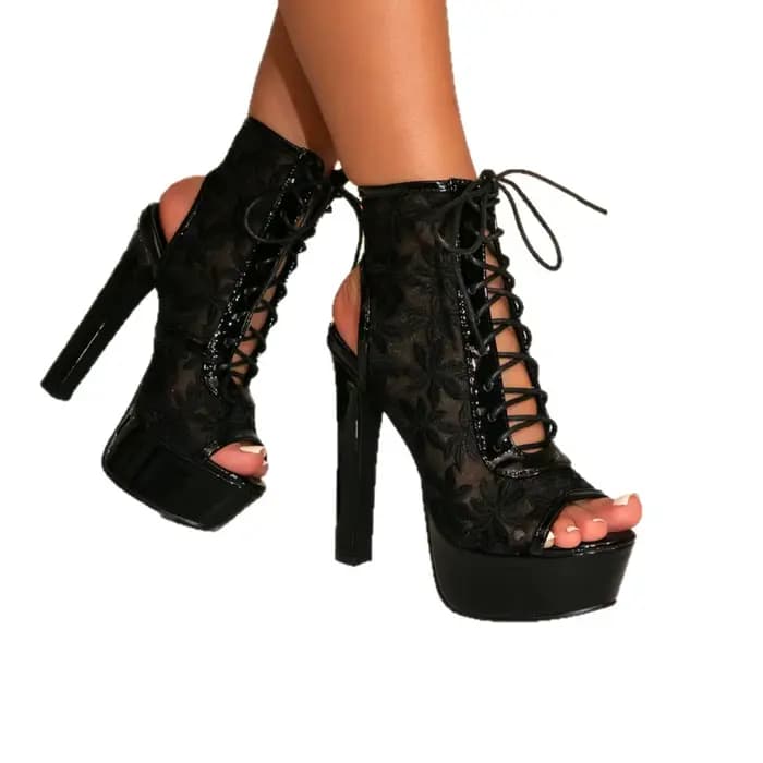 Sandales sexy pour femmes, à lacets ajourés, bout ouvert, plateforme, talons hauts épais, style bottines, été 2026, grandes tailles