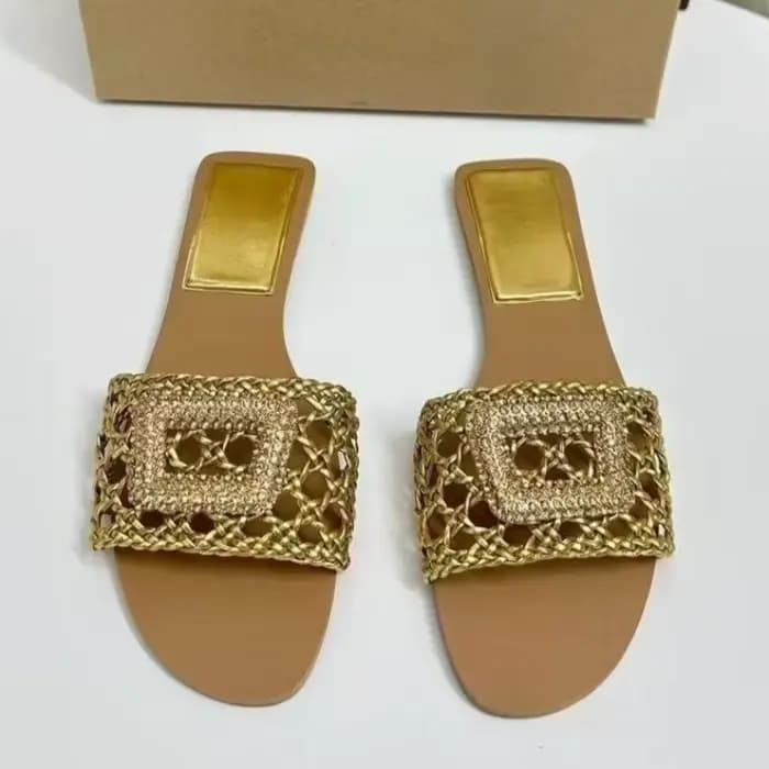 Sandales plates tissées dorées de haute qualité pour femmes