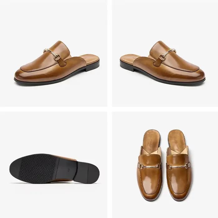 BEAUTODAY Mules décontractées femmes en cuir de veau décoration en métal couleur unie pantoufles mode dames chaussures plates à la main 36265