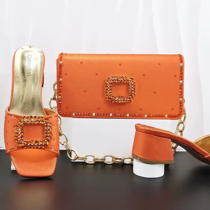 Ensemble élégant de chaussures et de sac de soirée pour femmes, design italien, sandales à talons hauts à bout ouvert avec strass orange, parfaites pour les mariages