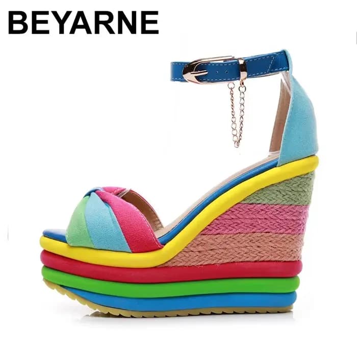 BEYARNE-Sandales à plateforme pour femmes, chaussures d'été, mode arc-en-ciel, talons hauts, sandales à l'offre elles compensées, 2020